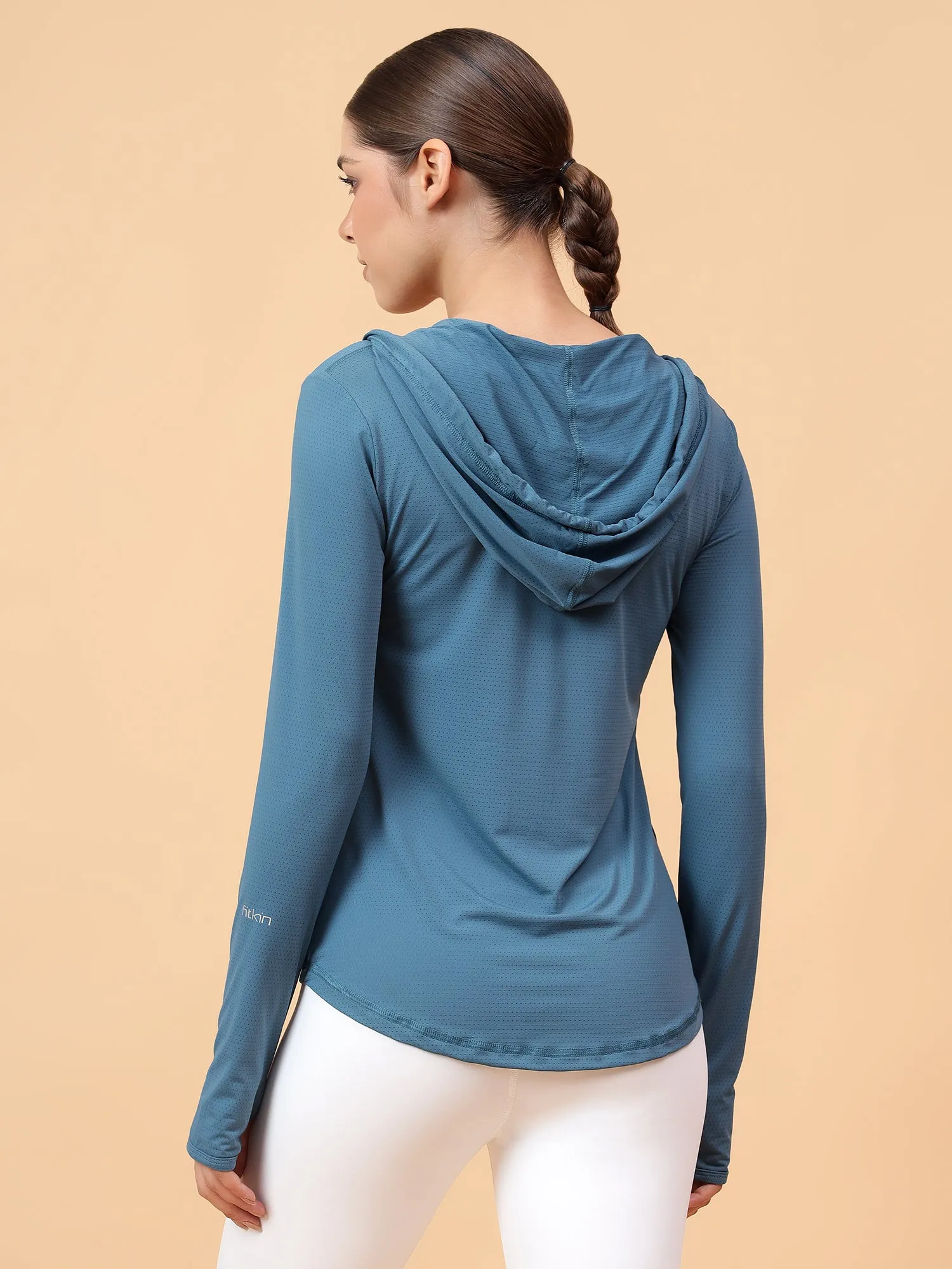 Fitkin Women's Turquoise Self Design Longsleeve Hooded Tshirt