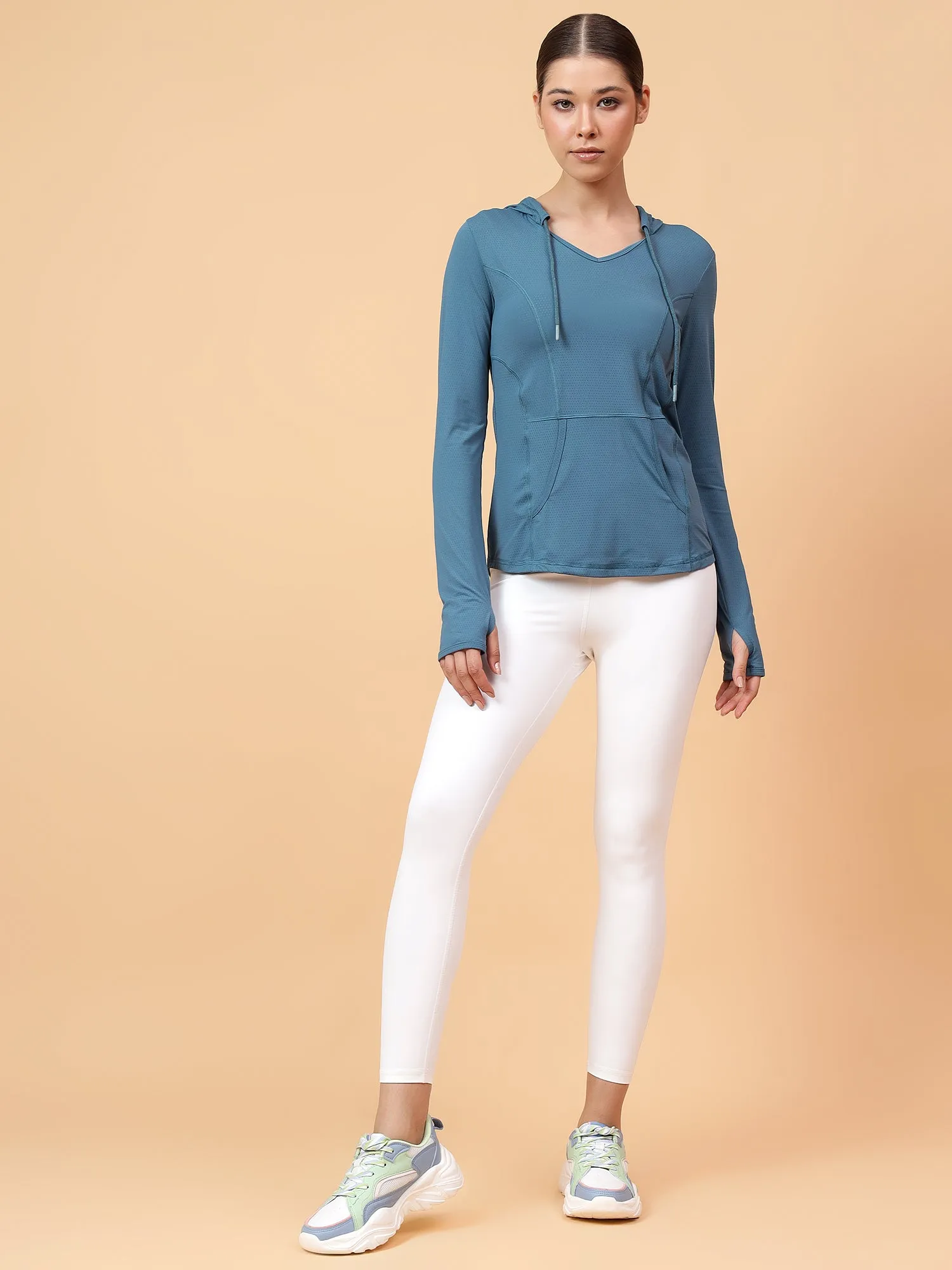 Fitkin Women's Turquoise Self Design Longsleeve Hooded Tshirt