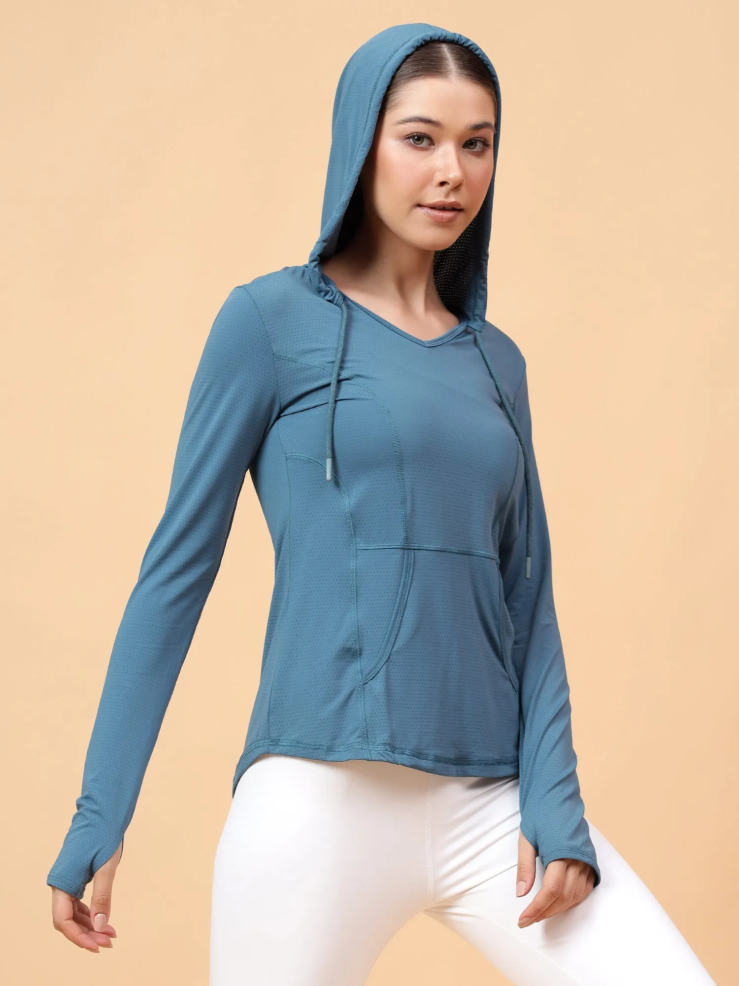 Fitkin Women's Turquoise Self Design Longsleeve Hooded Tshirt