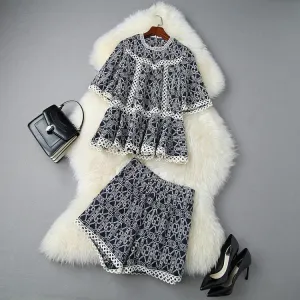 Flared Sleeve Hollow Out Embroidery Tops Shorts Two-piece Set