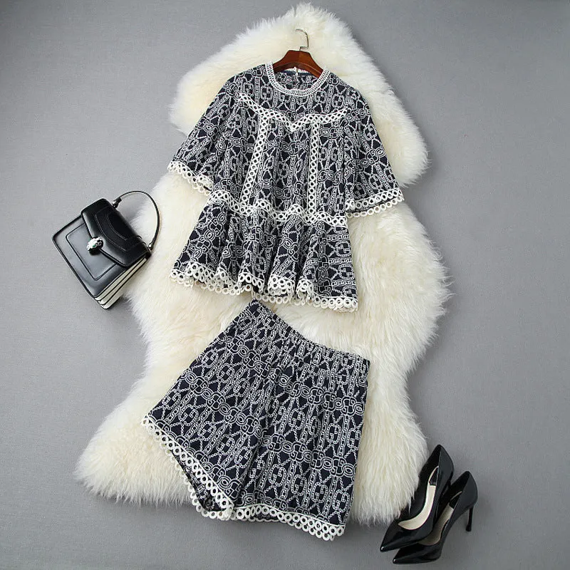 Flared Sleeve Hollow Out Embroidery Tops Shorts Two-piece Set