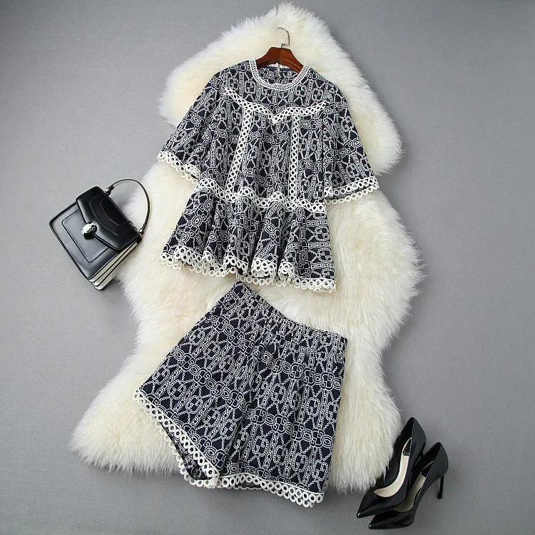 Flared Sleeve Hollow Out Embroidery Tops Shorts Two-piece Set