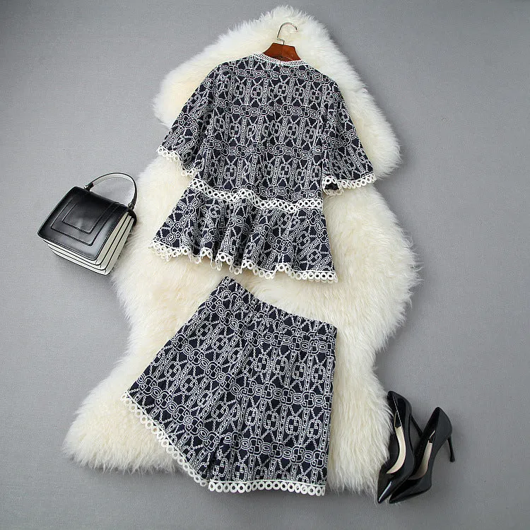 Flared Sleeve Hollow Out Embroidery Tops Shorts Two-piece Set