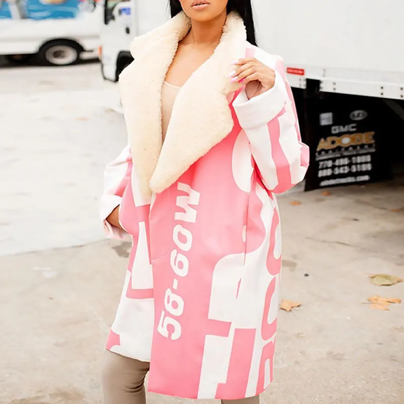 Fleece Letter Print Long Sleeve Coat