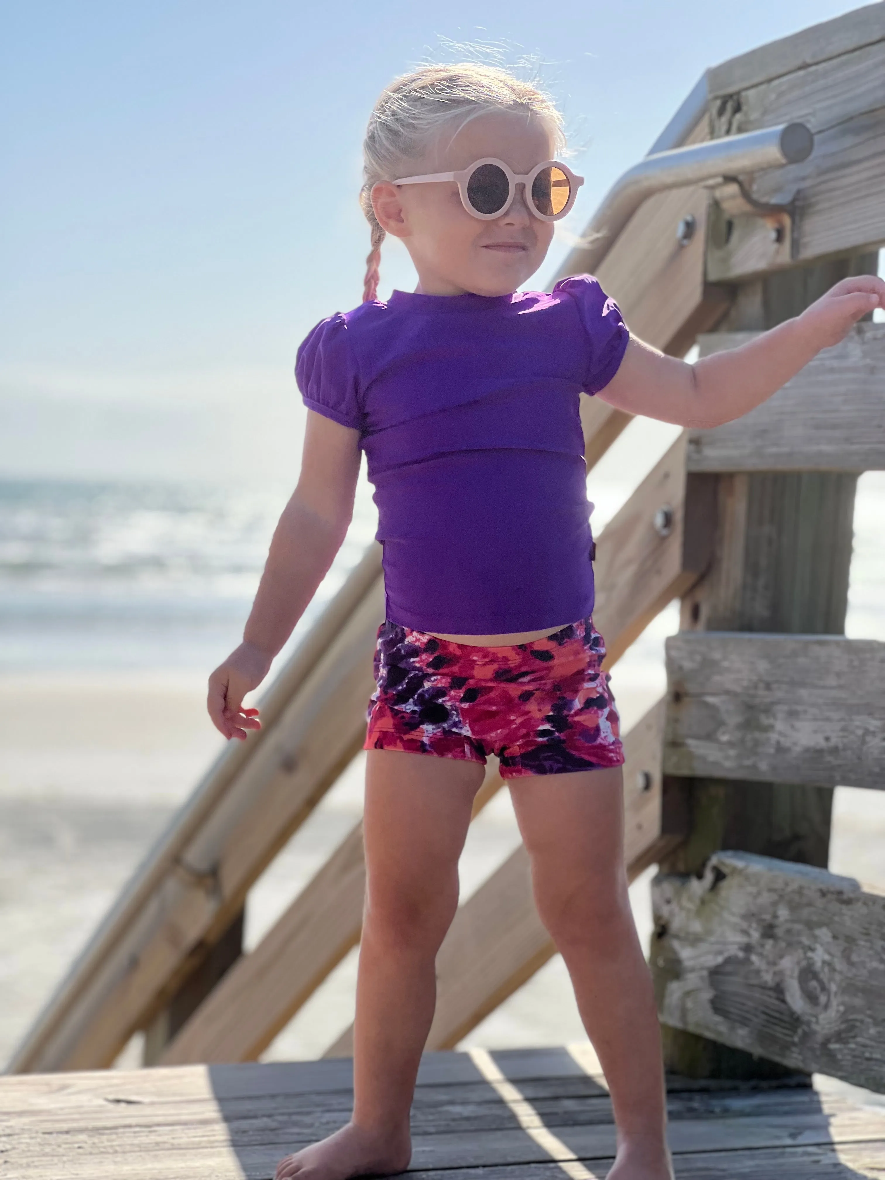 Girls UPF 50  Printed Swim Boy Shorts  | Navy w- White Polka Dot