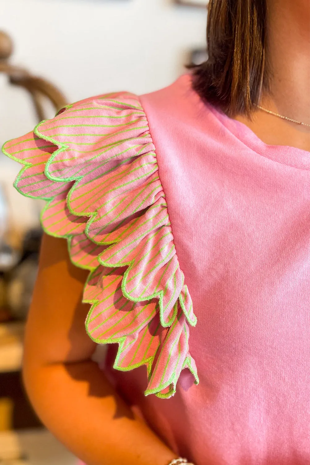 Gossamer Pink Ricrac Striped Ruffled Sleeve Patchwork Crew Neck Top