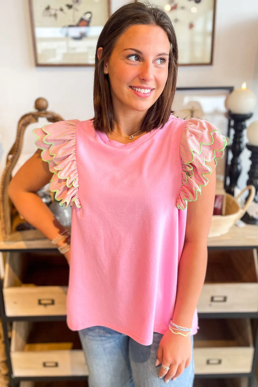 Gossamer Pink Ricrac Striped Ruffled Sleeve Patchwork Crew Neck Top