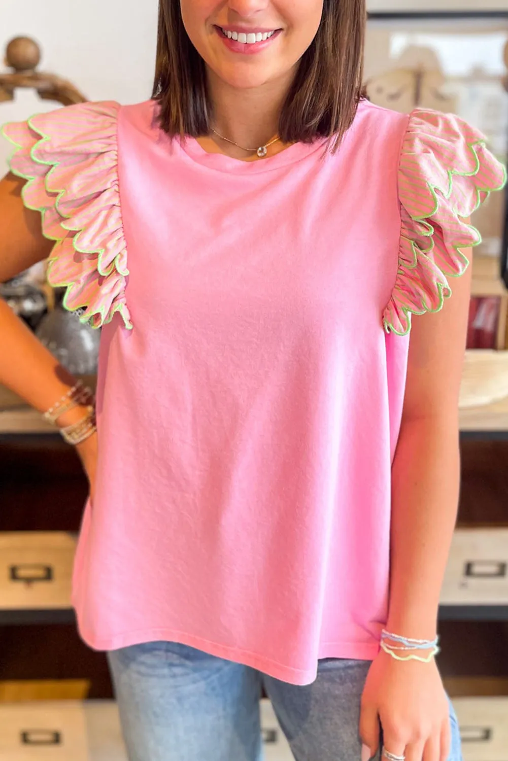 Gossamer Pink Ricrac Striped Ruffled Sleeve Patchwork Crew Neck Top