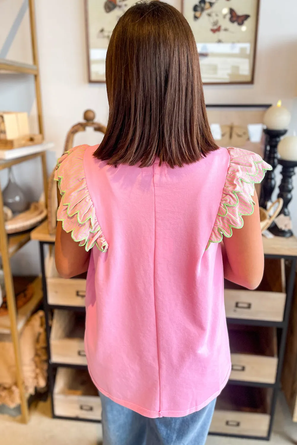 Gossamer Pink Ricrac Striped Ruffled Sleeve Patchwork Crew Neck Top