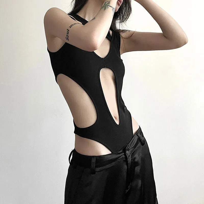 Gothic Hollow Out Sexy Bodysuit New Fashion Y2k Patchwork Tops for Women Grunge Backless High Cut Slim Bodysuit