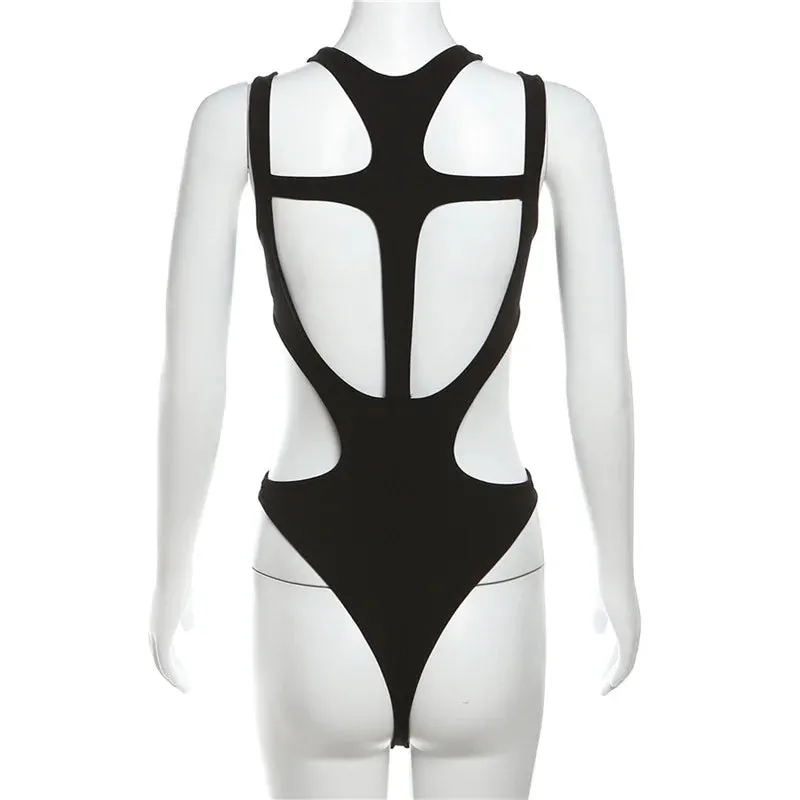 Gothic Hollow Out Sexy Bodysuit New Fashion Y2k Patchwork Tops for Women Grunge Backless High Cut Slim Bodysuit