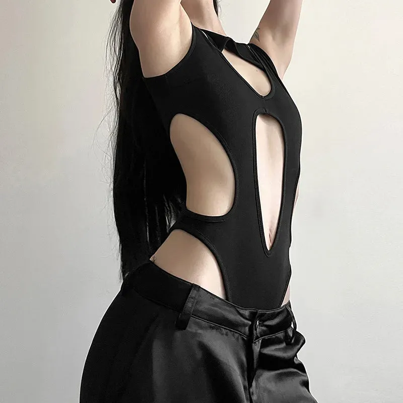 Gothic Hollow Out Sexy Bodysuit New Fashion Y2k Patchwork Tops for Women Grunge Backless High Cut Slim Bodysuit