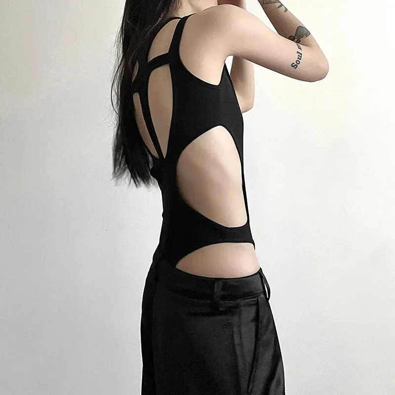 Gothic Hollow Out Sexy Bodysuit New Fashion Y2k Patchwork Tops for Women Grunge Backless High Cut Slim Bodysuit