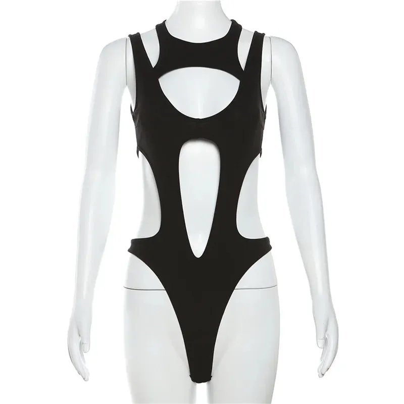 Gothic Hollow Out Sexy Bodysuit New Fashion Y2k Patchwork Tops for Women Grunge Backless High Cut Slim Bodysuit