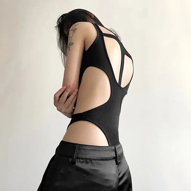 Gothic Hollow Out Sexy Bodysuit New Fashion Y2k Patchwork Tops for Women Grunge Backless High Cut Slim Bodysuit