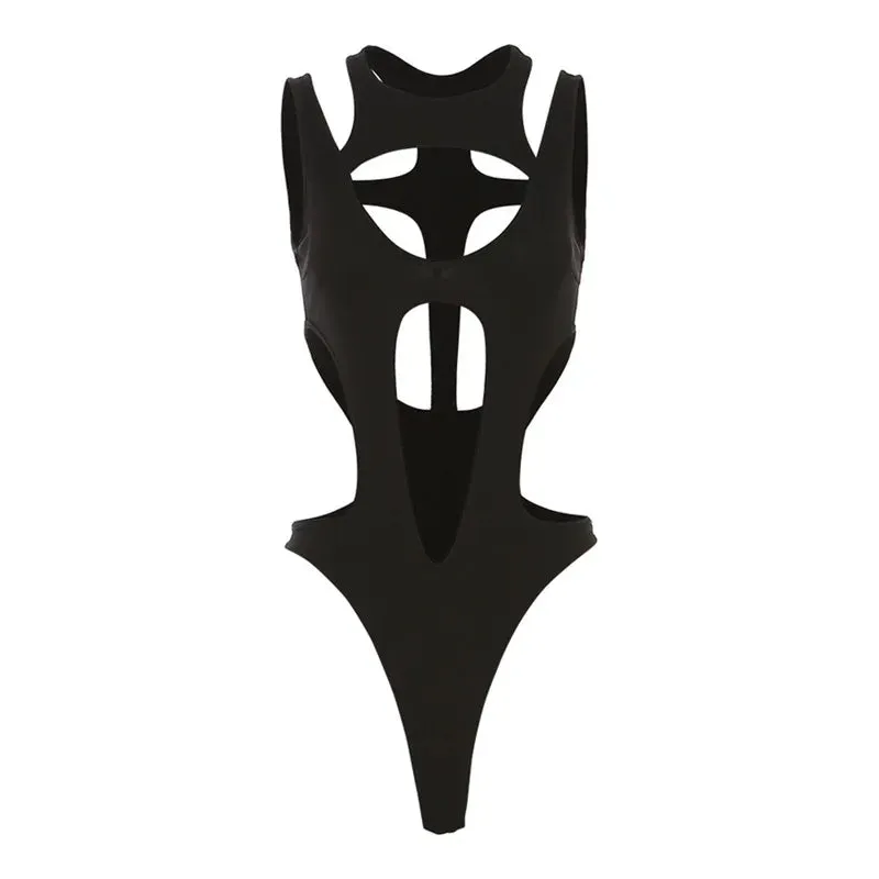 Gothic Hollow Out Sexy Bodysuit New Fashion Y2k Patchwork Tops for Women Grunge Backless High Cut Slim Bodysuit