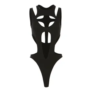 Gothic Hollow Out Sexy Bodysuit New Fashion Y2k Patchwork Tops for Women Grunge Backless High Cut Slim Bodysuit
