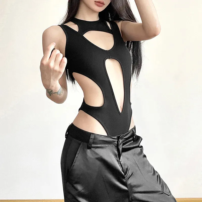 Gothic Hollow Out Sexy Bodysuit New Fashion Y2k Patchwork Tops for Women Grunge Backless High Cut Slim Bodysuit