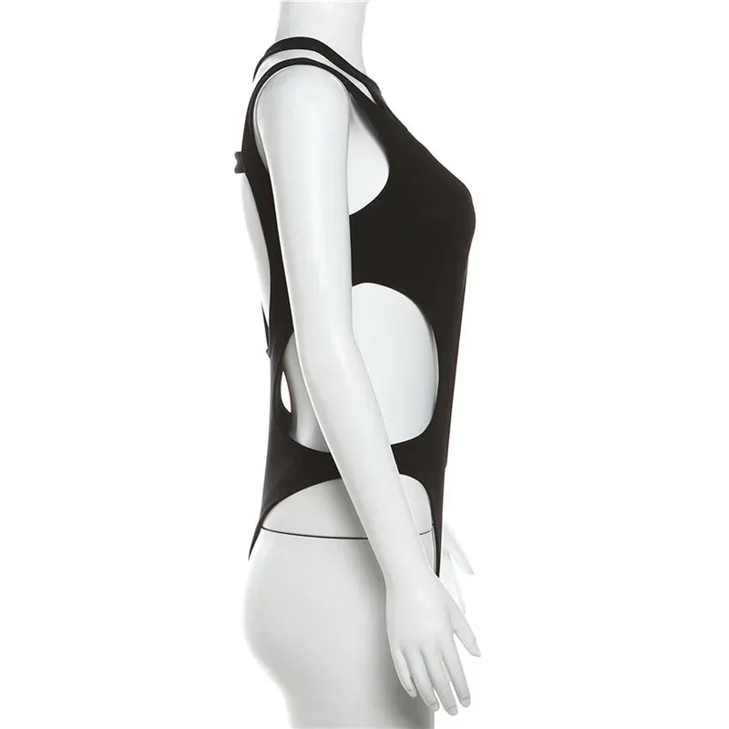Gothic Hollow Out Sexy Bodysuit New Fashion Y2k Patchwork Tops for Women Grunge Backless High Cut Slim Bodysuit