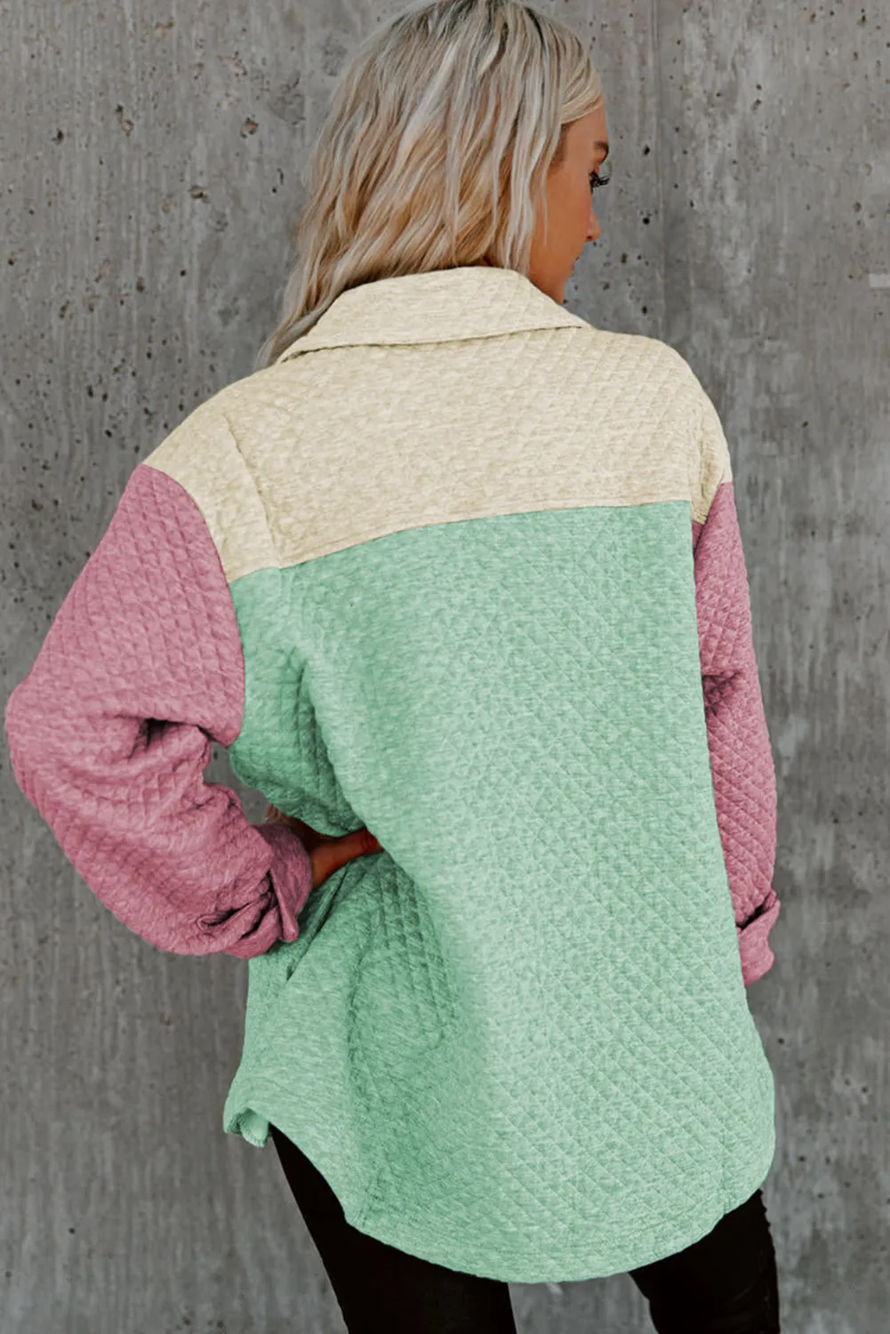 Green Textured Color Block Patchwork Flap Pocket Shacket
