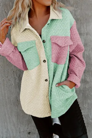 Green Textured Color Block Patchwork Flap Pocket Shacket