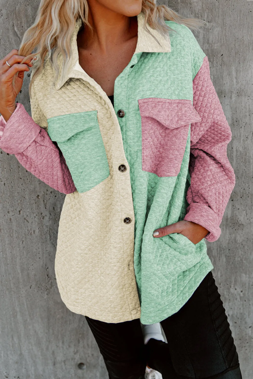 Green Textured Color Block Patchwork Flap Pocket Shacket