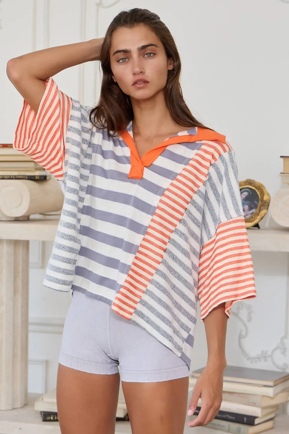 Grey Orange Stripe Contrast Patchwork Detail Bucketlist Polo Top