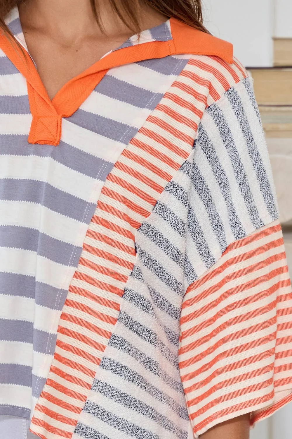 Grey Orange Stripe Contrast Patchwork Detail Bucketlist Polo Top