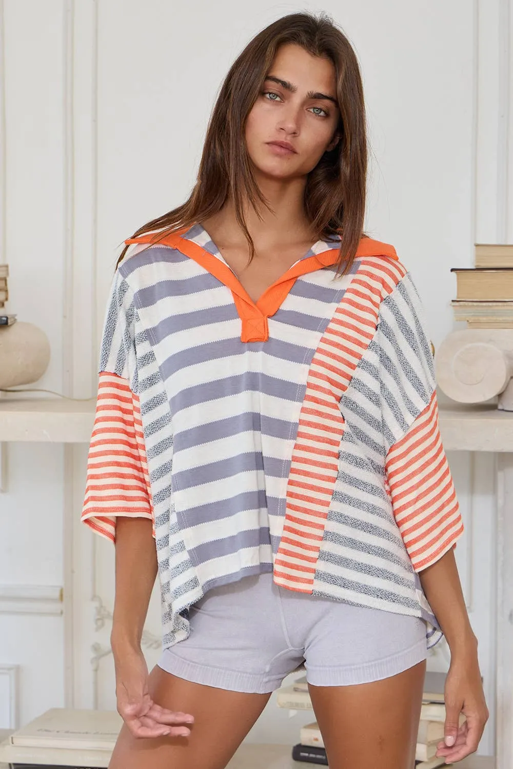 Grey Orange Stripe Contrast Patchwork Detail Bucketlist Polo Top