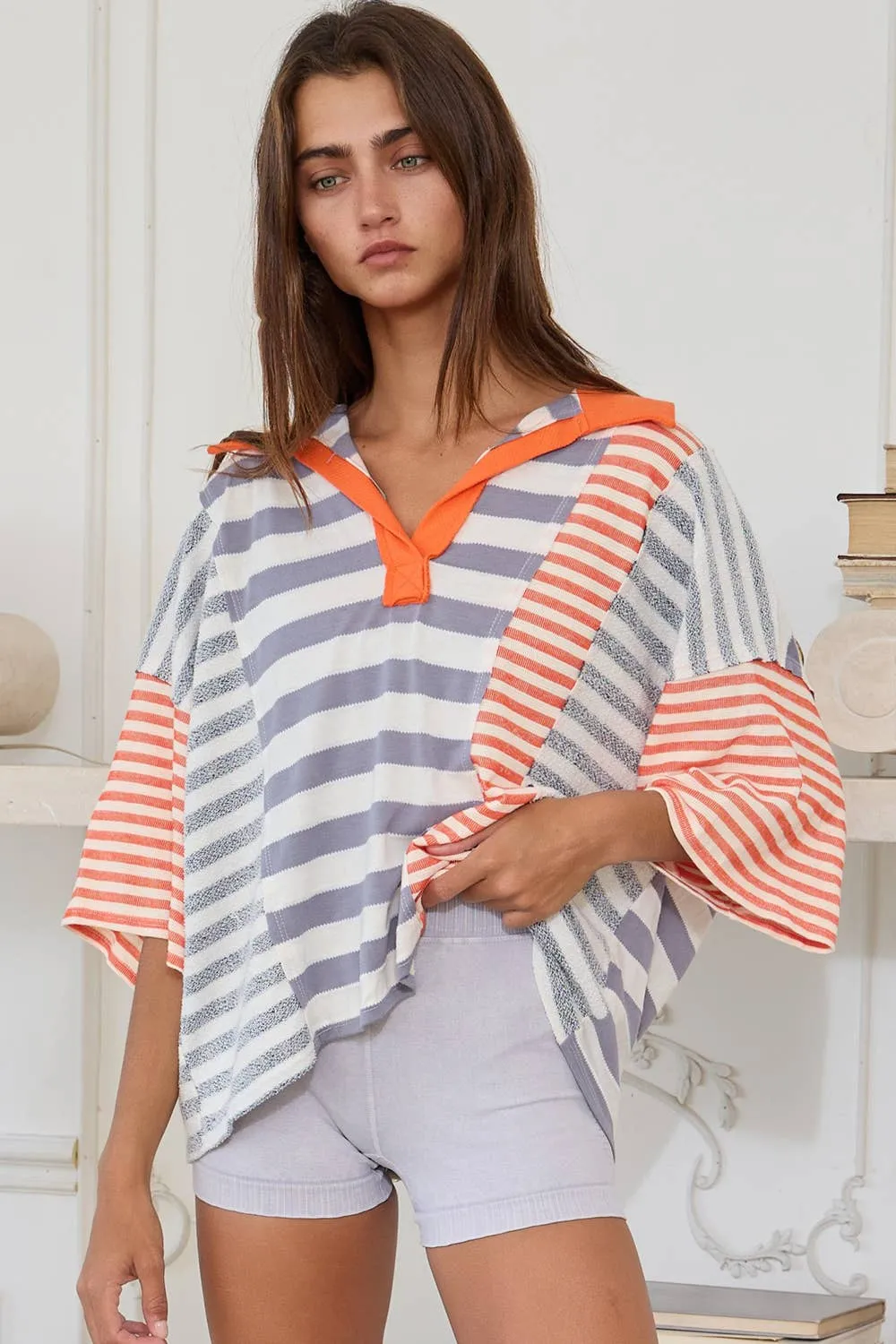 Grey Orange Stripe Contrast Patchwork Detail Bucketlist Polo Top