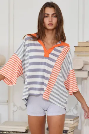 Grey Orange Stripe Contrast Patchwork Detail Bucketlist Polo Top