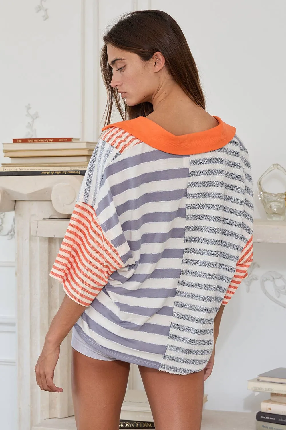 Grey Orange Stripe Contrast Patchwork Detail Bucketlist Polo Top