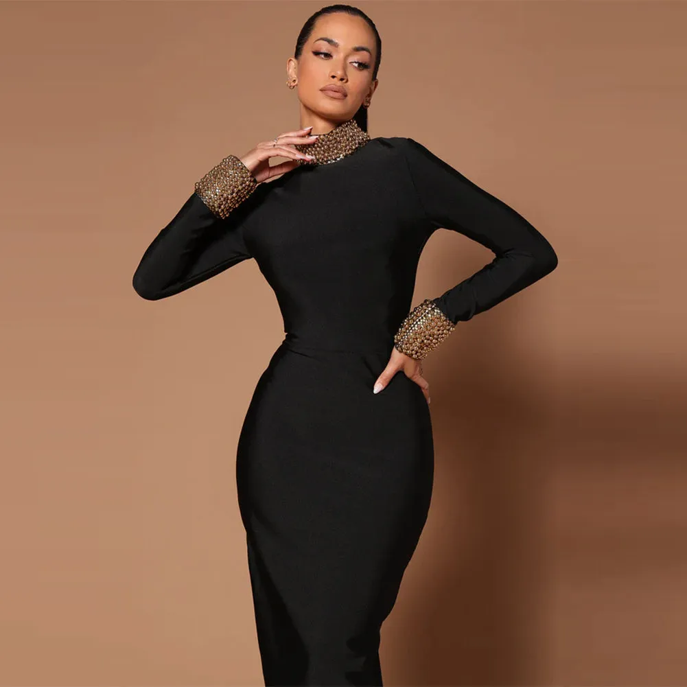 High Neck Back Hollow-out Maxi Bandage Dress HL9992