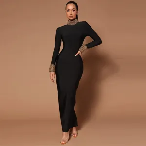 High Neck Back Hollow-out Maxi Bandage Dress HL9992