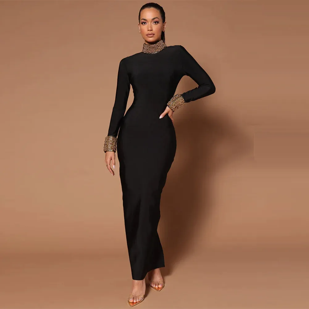 High Neck Back Hollow-out Maxi Bandage Dress HL9992
