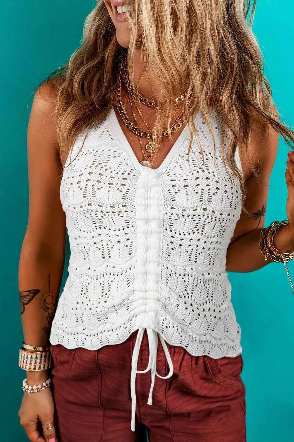 Hollowed Knit Sweater Vest with V Neck and Drawstring