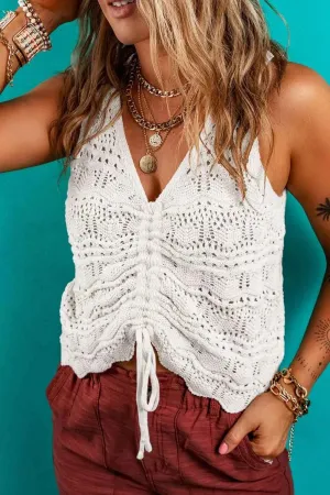 Hollowed Knit Sweater Vest with V Neck and Drawstring