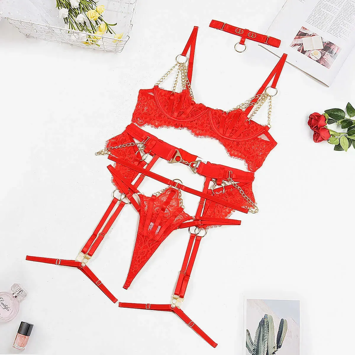 Intricate Hollow Out Half Cup Red Lace Lingerie Set
