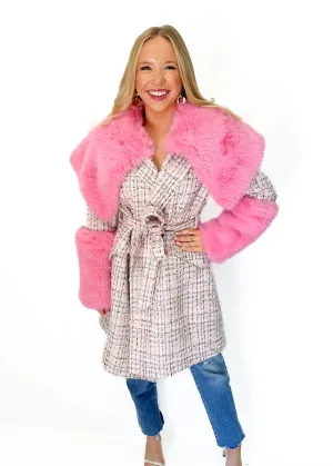 Jayley Bamboo Lyocell Blend Check Faux Fur Coat - Pink
