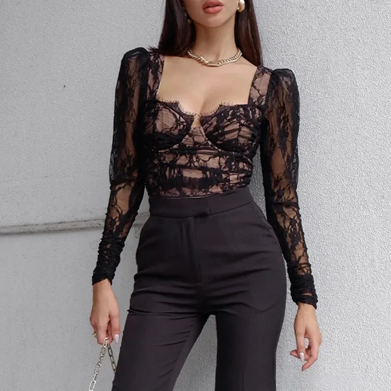 JazzHer Women's Gothic Directional Design New Diablo Style Chest Cup Lace Long Sleeve Top