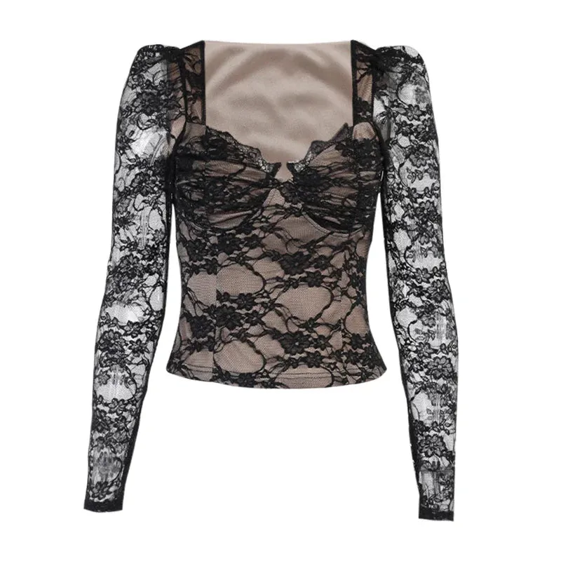 JazzHer Women's Gothic Directional Design New Diablo Style Chest Cup Lace Long Sleeve Top