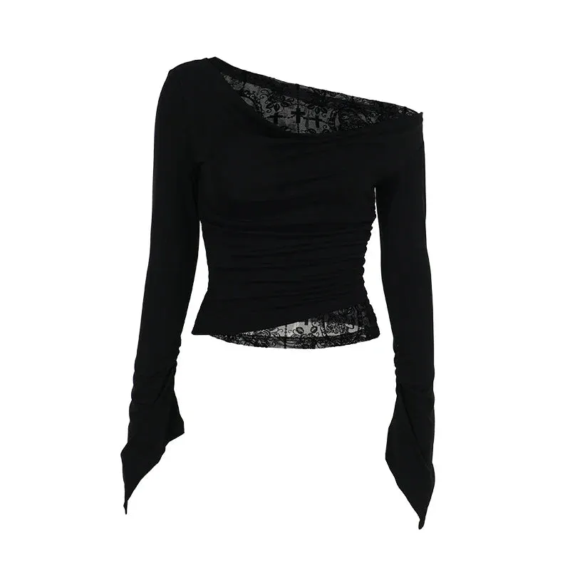 JazzHer Women's Gothic Directional Design New Fall Halloween Elegant Slant Shoulder Flocking Patchwork Long Sleeve Top