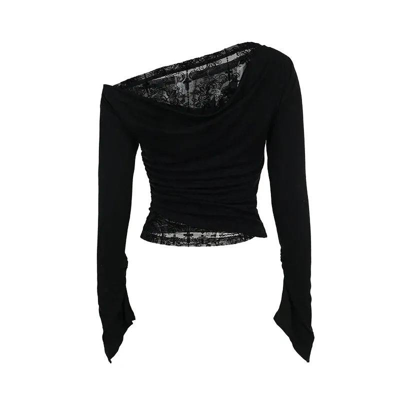 JazzHer Women's Gothic Directional Design New Fall Halloween Elegant Slant Shoulder Flocking Patchwork Long Sleeve Top