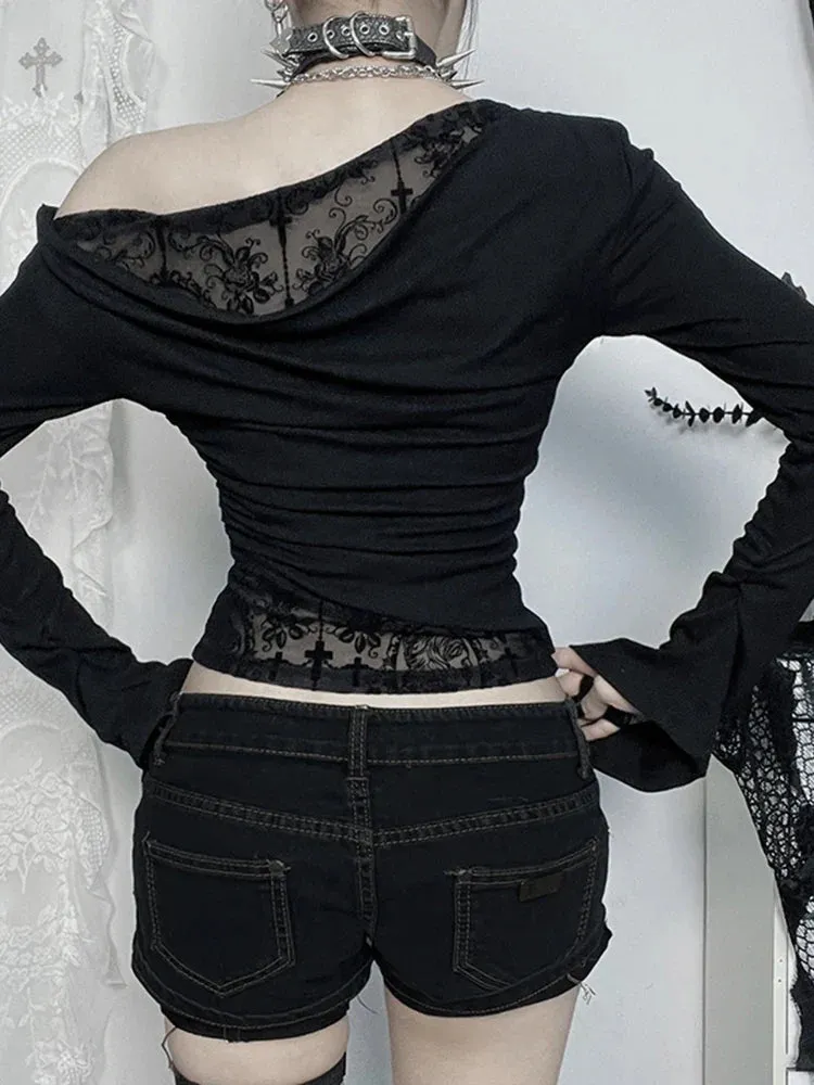 JazzHer Women's Gothic Directional Design New Fall Halloween Elegant Slant Shoulder Flocking Patchwork Long Sleeve Top