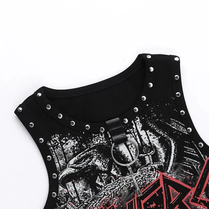 JazzHer Women's Summer Gothic Tops Blood Together Give Diablo Style Studded Print Vest