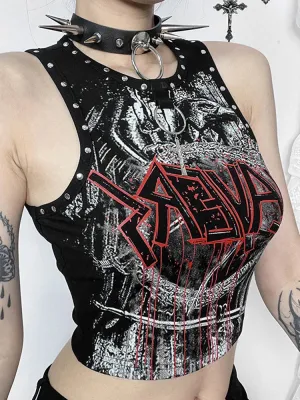 JazzHer Women's Summer Gothic Tops Blood Together Give Diablo Style Studded Print Vest