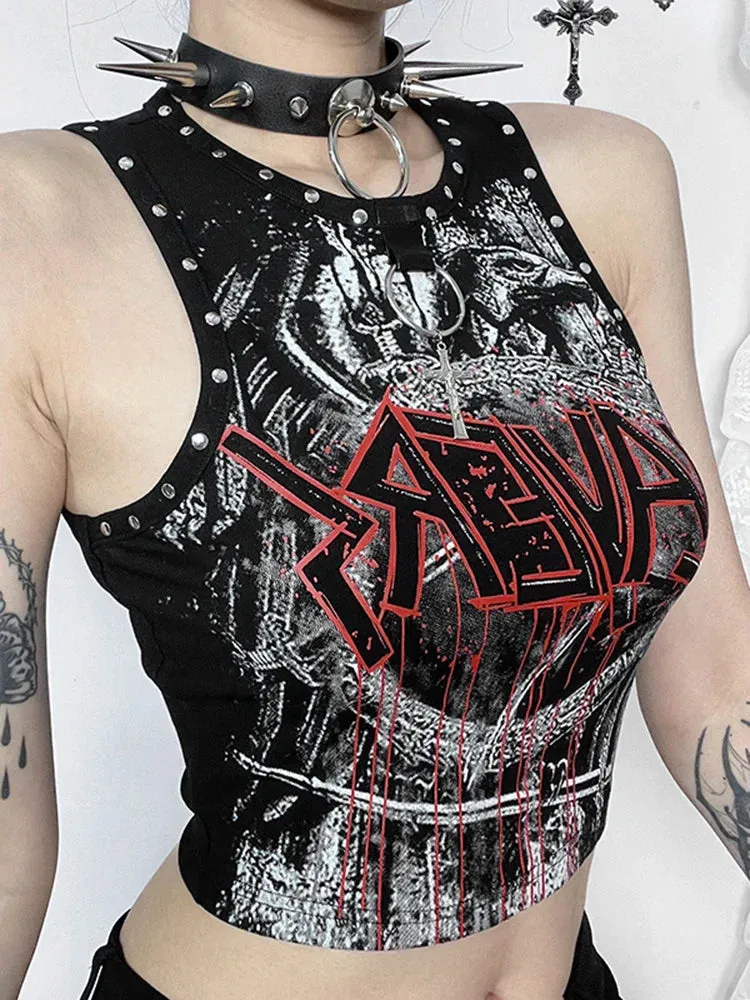 JazzHer Women's Summer Gothic Tops Blood Together Give Diablo Style Studded Print Vest