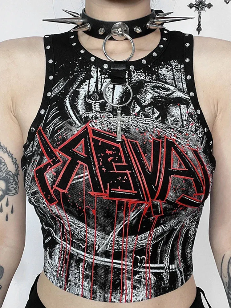 JazzHer Women's Summer Gothic Tops Blood Together Give Diablo Style Studded Print Vest