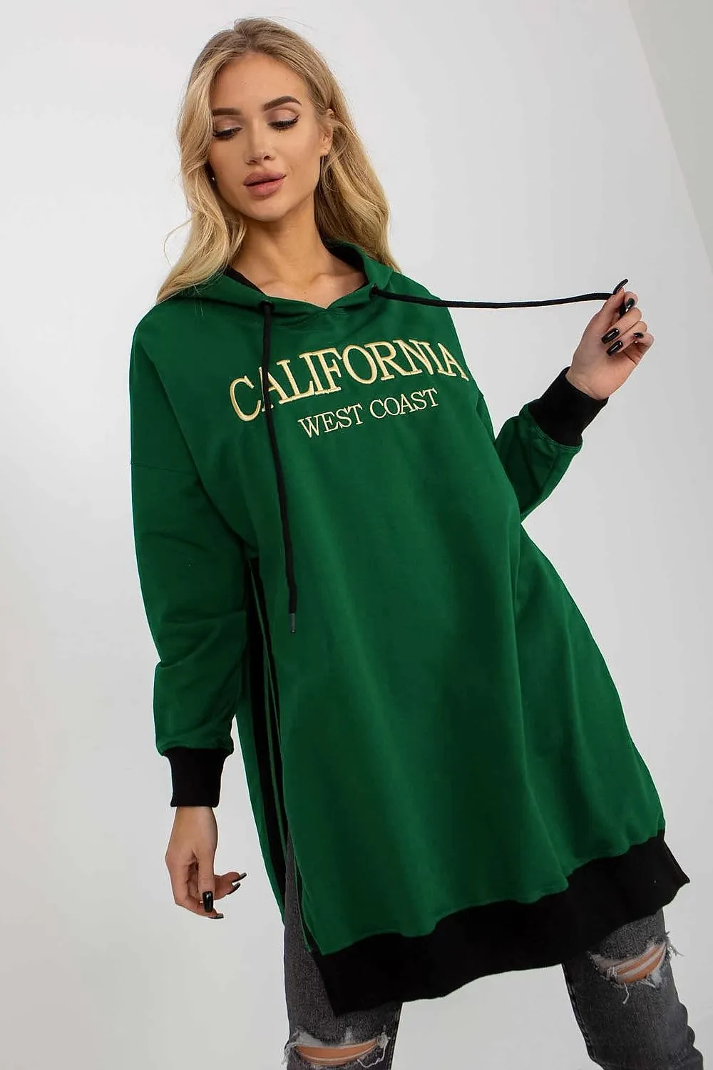 JTDF California Long Casual Sweatshirt with Hood & Side Slits