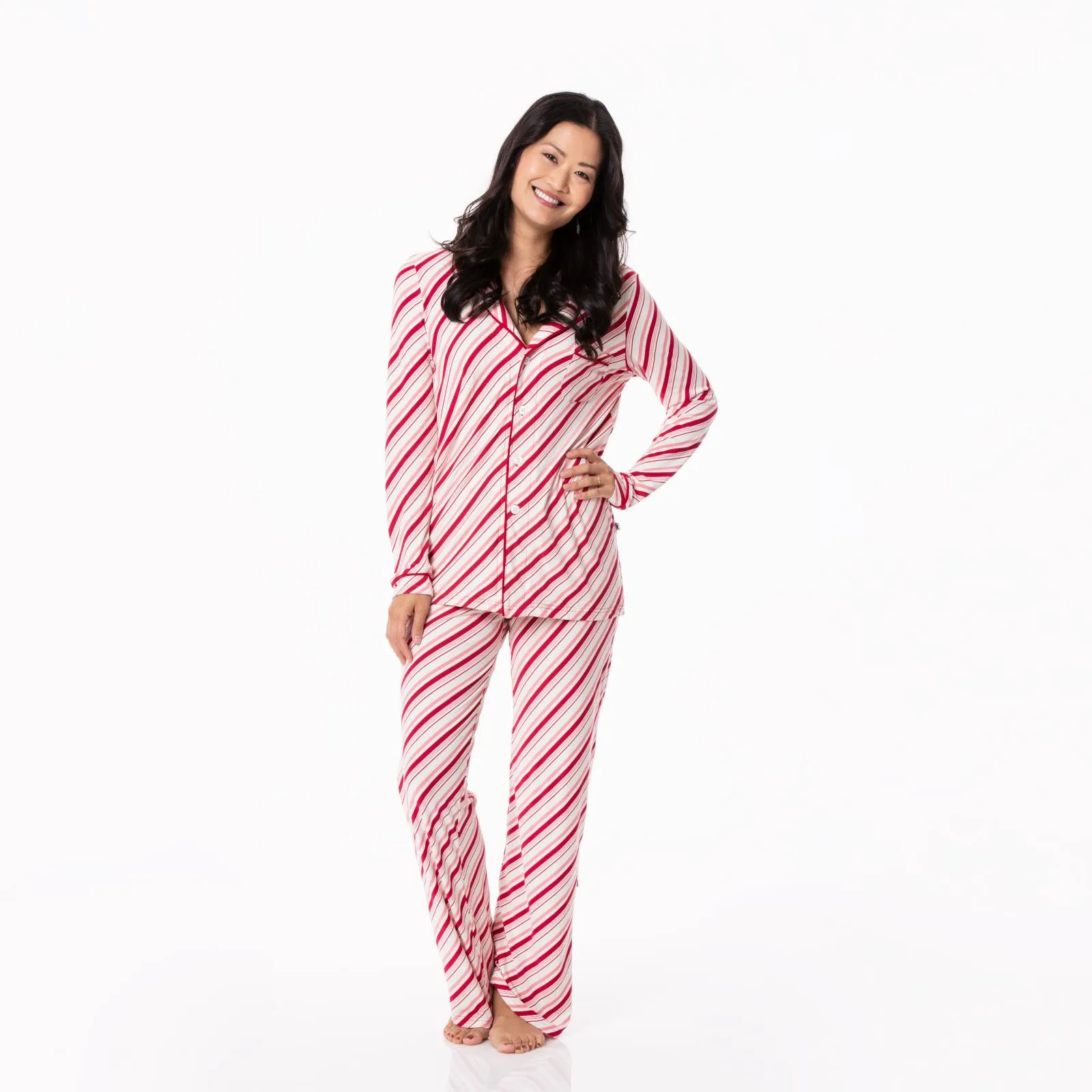 KicKee Pants Strawberry Candy Cane Stripe Women's L/S Collared Pajama Set